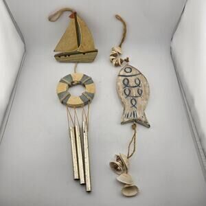 Vtg Rustic Nautical Wood Wind Chime Sailboat Fish Lot Of 2 Coastal Beach Decor